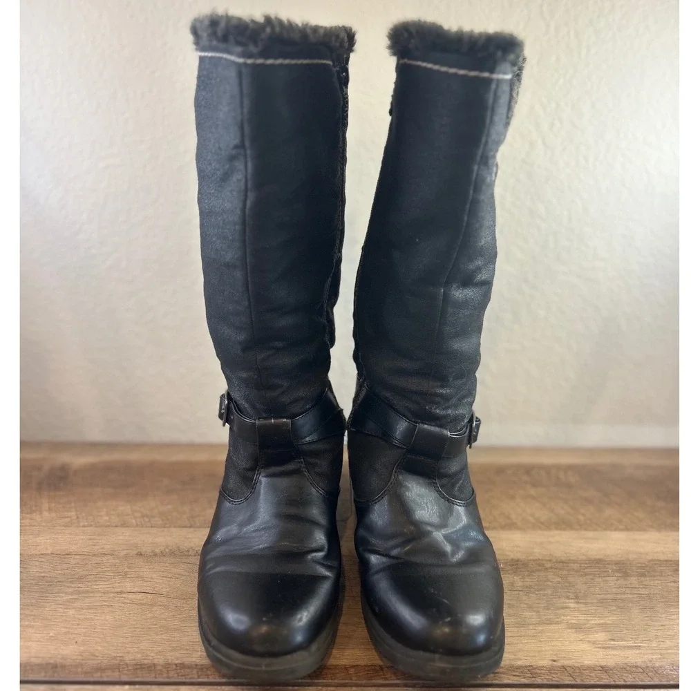 Totes Womens Black Mid Calf Winter Boots Faux Fur Trim Side Zip Size 10